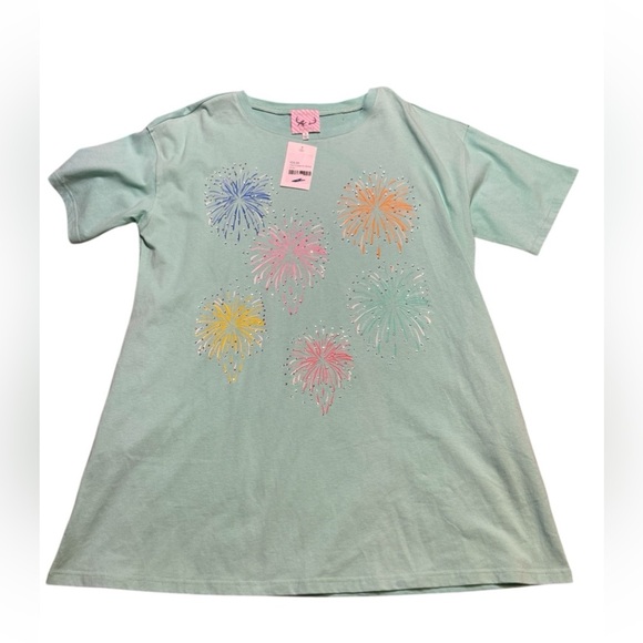 🎆Fantastic Fawn Fireworks Graphic Dress Aqua Blue Rhinestone NWT Small🎆 - Picture 1 of 5